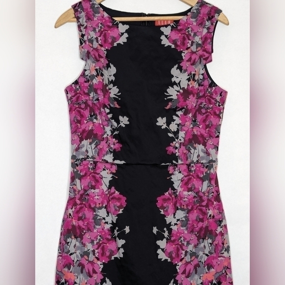 Elle Floral Sheath Dress Sz 8 Pink Black Sleeveless Career Wedding Guest Wiggle - Picture 2 of 7